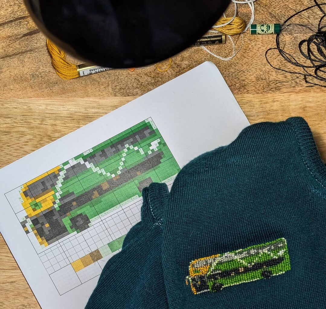 Dublin bus cross-stitched