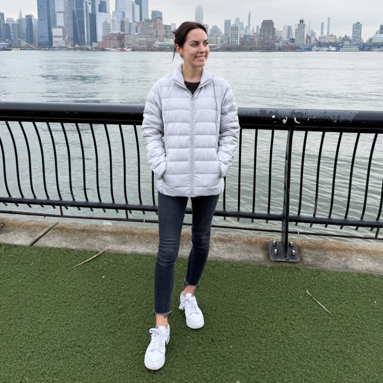 Commerce editor and producer Julie Ricevuto models the Eddie Bauer Women's CirrusLite Down Jacket.