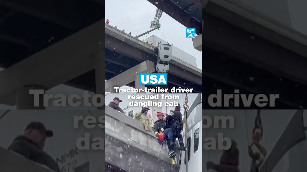 🇺🇸🛻 USA: Tractor-trailer driver #rescued from a cab #dangling over a #bridge • FRANCE 24 English