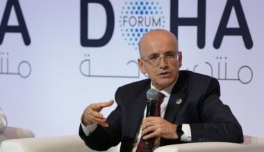 Türkiye’s Minister of Treasury and Finance Mehmet Simsek speaks at the panel titled  Shock Waves and Safety Nets: Rethinking Trade in an Age of Disruption  during the Doha Forum 2025 in Doha, Qatar, December 6, 2025. (AA Photo)