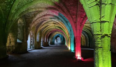 Every year, Fountains Abbey in Ripon is illuminated with rainbow lights for Christmas