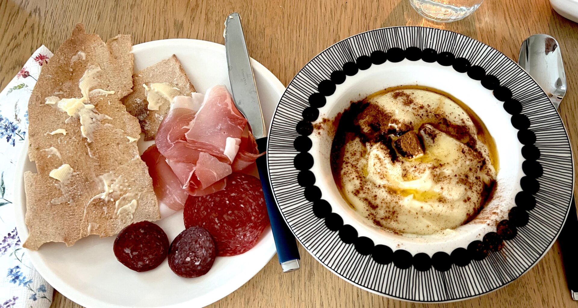 Homemade rømmegrøt w/ flatbread and cured meats (by mom)