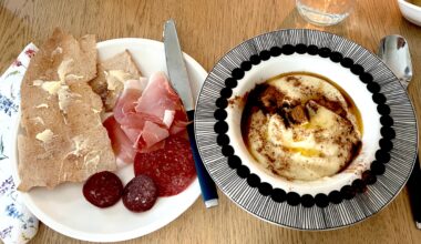 Homemade rømmegrøt w/ flatbread and cured meats (by mom)