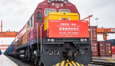 A freight train labeled “Middle Corridor Ultra-Express Block Train” is seen at the departure terminal in China on July 9, 2025. (AA Photo)