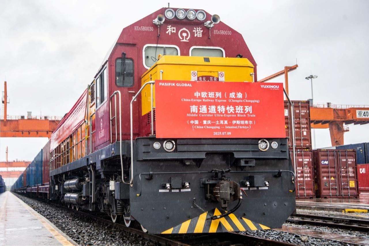 A freight train labeled “Middle Corridor Ultra-Express Block Train” is seen at the departure terminal in China on July 9, 2025. (AA Photo)