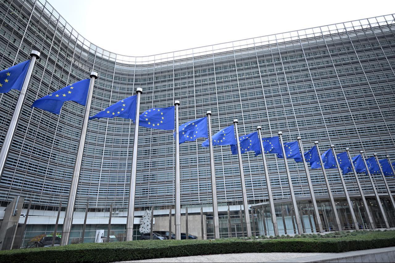 A view of the Berlaymont building and European Union flags in Brussels, Belgium, Dec. 4, 2025. (AA Photo)