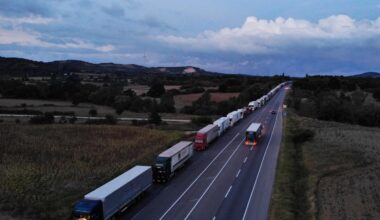 Trucks wait in line on the highway leading to the Kapikule Border Gate near Edirne, Türkiye. (IHA Photo)