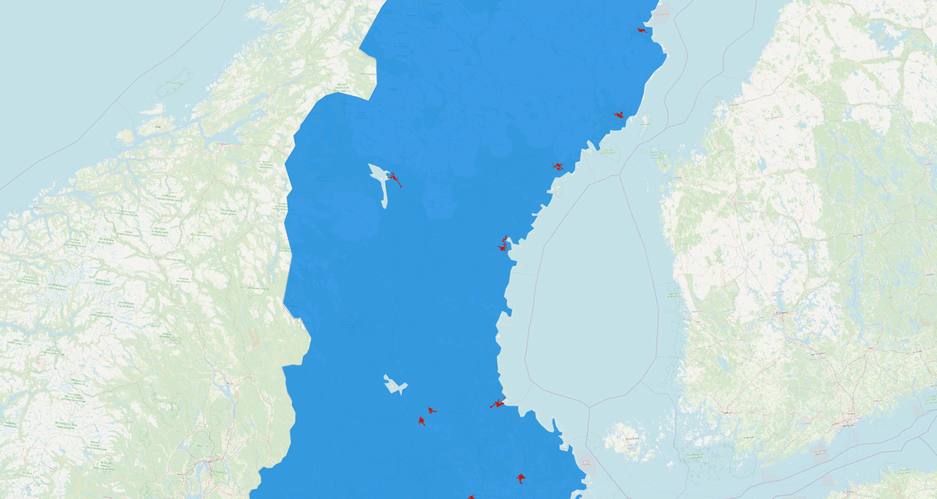 Fler människor bor i de röda ytorna än i den blåa ytan. Sverige har en befolkning på 10,59 miljoner människor (2024). Befolkningen i de röda områdena är 5,31 miljoner (2024).