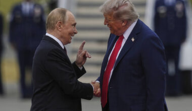 U.S. President Donald Trump greets Russia&rsquo;s President Vladimir Putin in August at Joint Base Elmendorf-Richardson, Alaska. (Julia Demaree Nikhinson / The Associated Press files)