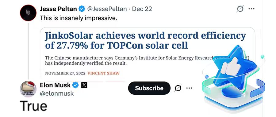 Elon Musk Endorses JinkoSolar’s World-Record TOPCon Cell Efficiency