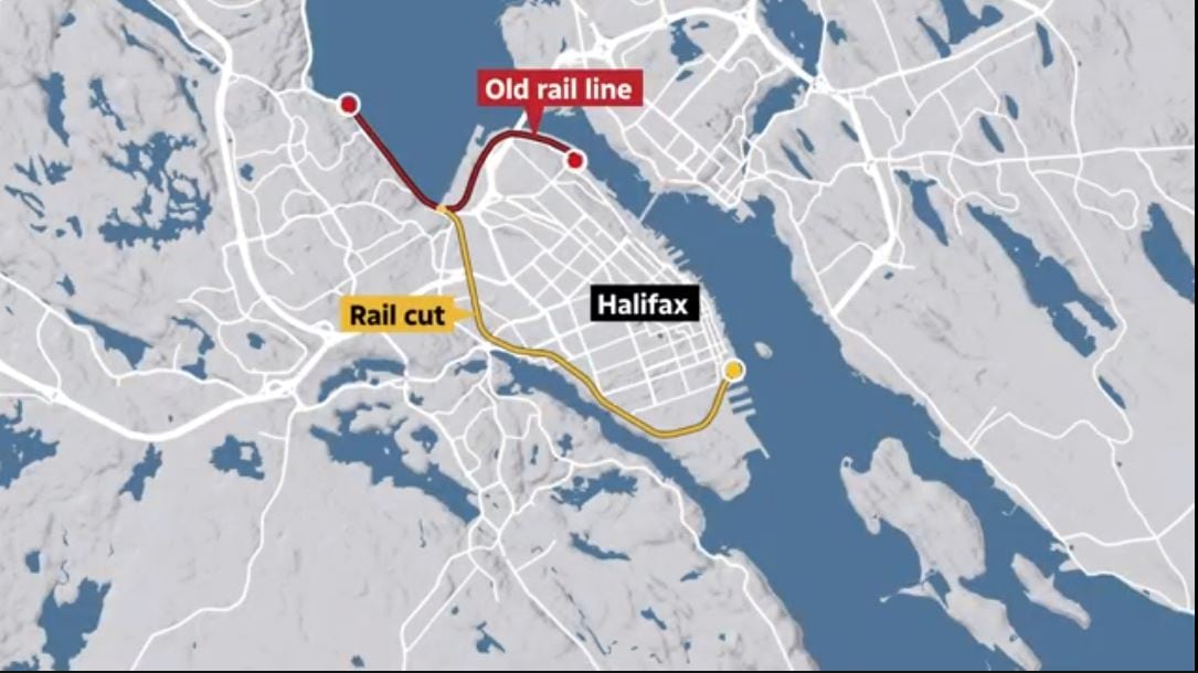 A map showing the old and new rail routes
