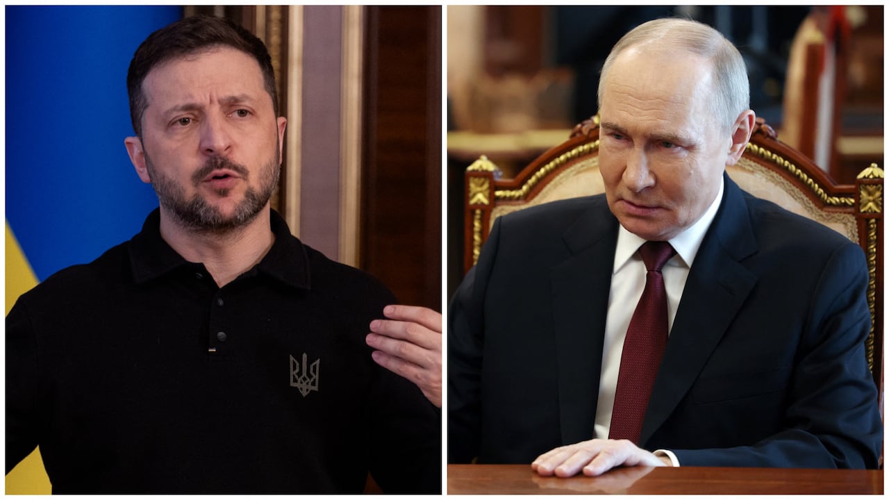 This composite image shows two people talking.