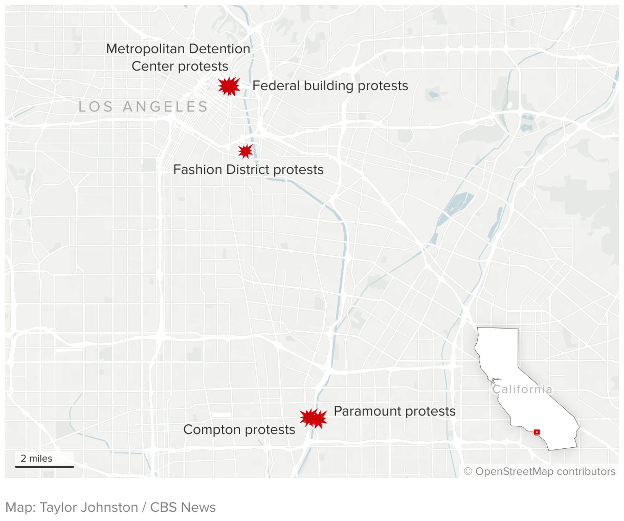 Map showing protests that took place in Los Angeles, Compton and Paramount.