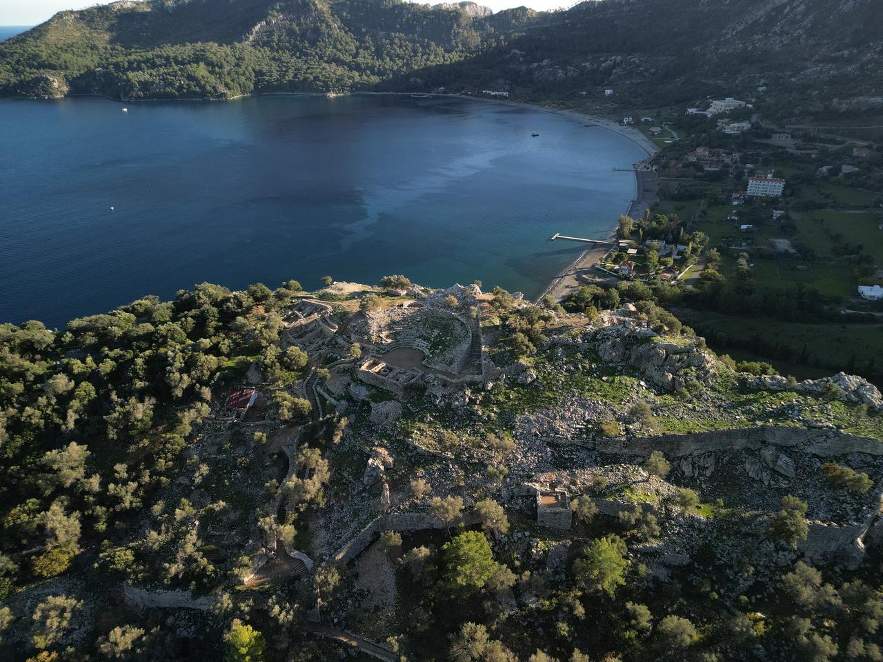 An aerial view of the 2,200-year-old Amos ancient city in the Marmaris district of Mugla, Türkiye, Dec. 30, 2025. (AA Photo)