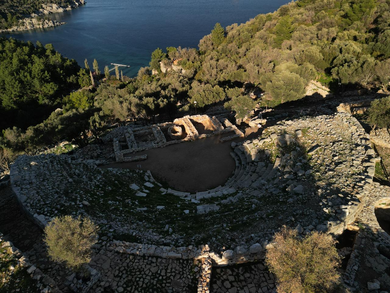 An aerial view of the 2,200-year-old Amos ancient city in the Marmaris district of Mugla, Türkiye, Dec. 30, 2025. (AA Photo)