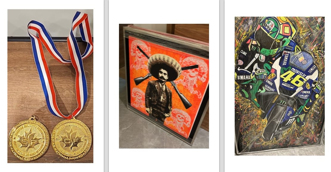 Two medals and artwork are pictured in a composite photo.