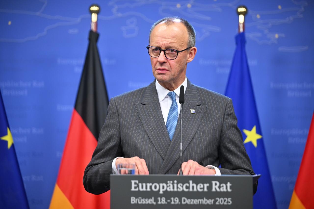 German Chancellor Friedrich Merz, who attended the EU Leaders’ Summit, speaks during a press conference in Brussels, Belgium on Dec. 19, 2025. (AA Photo)