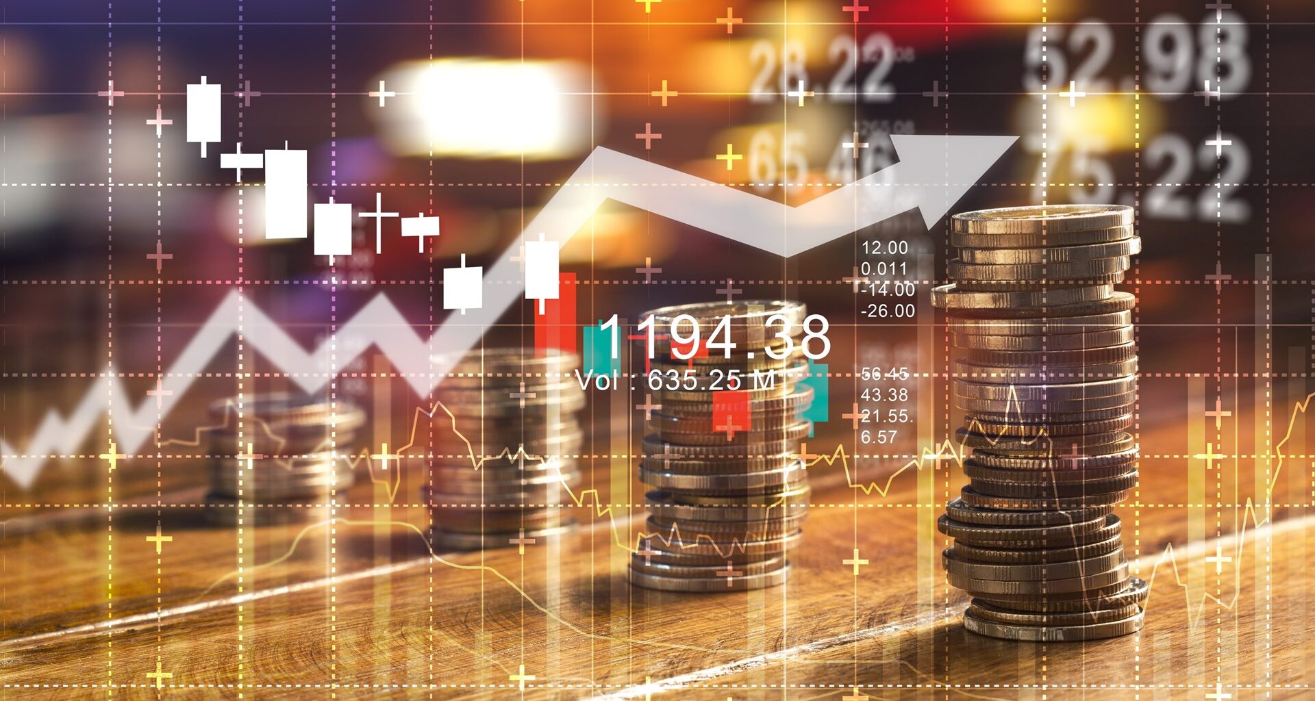 Finance and business concept. Investment graph and rows growth and of coins on table