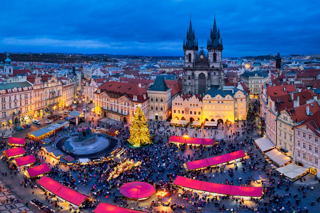 Christmas Market and the Church of Our Lady of Tyn on the Old Town Square, Prague, Bohemia, Czech Republic