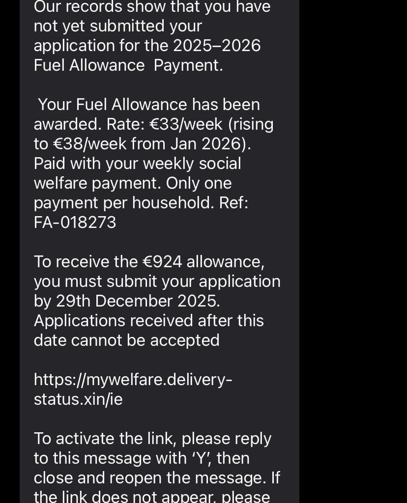 This mornings text scam, for fuel allowance. Please help out your less tech savy friends or family to let them know this is a scam.