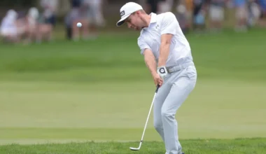 Jun 14, 2025; Oakmont, Pennsylvania, USA; Rasmus Neergaard-Petersen chips on the second green during the third round of the U.S. Open golf tournament. Mandatory Credit: Bill Streicher-Imagn Images