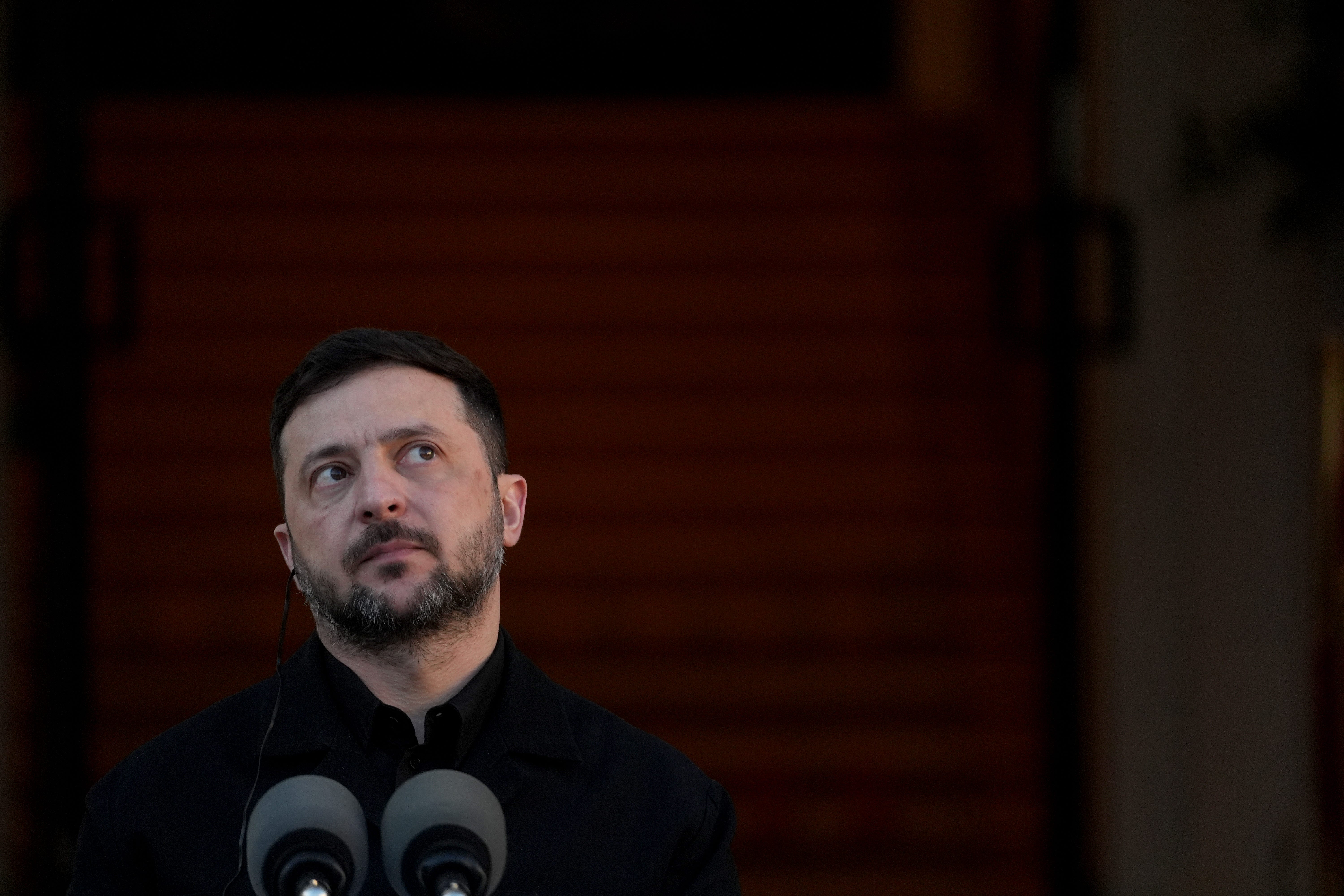 Ukrainian President Volodymyr Zelensky speaks to the media during a press conference with Taoiseach Micheal Martin at the Government Buildings in Dublin, during his visit to Ireland. Picture date: Tuesday December 2, 2025.