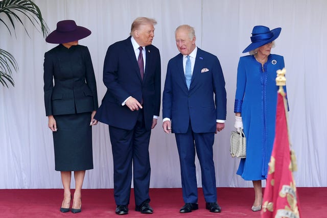 First Lady Melania Trump, US president Donald Trump, Charles and Camilla during the ceremonial welcome at Windsor Castle