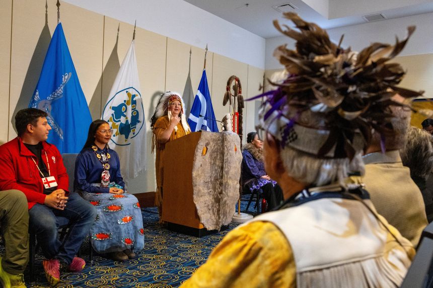 National Chief of the Assembly of First Nations Cindy Woodhouse Nepinak speaks during a press conference welcoming 62 Indigenous cultural artifacts on their arrival from the Vatican in Dorval, Quebec, Canada, on December 6, 2025.