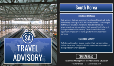 A rail strike will cause major travel disruptions throughout South Korea for an indefinite amount of time starting December 23.