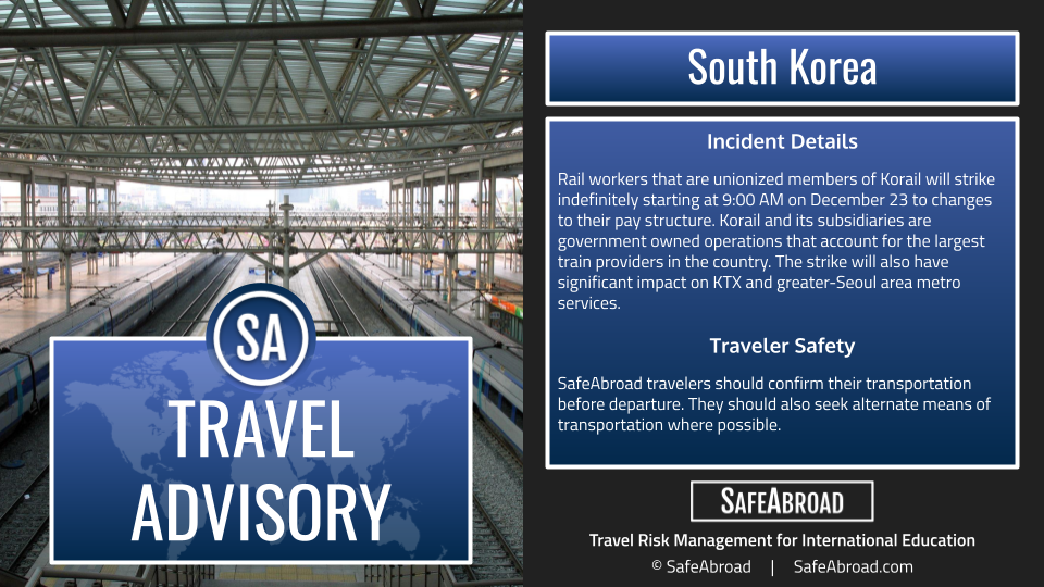 A rail strike will cause major travel disruptions throughout South Korea for an indefinite amount of time starting December 23.