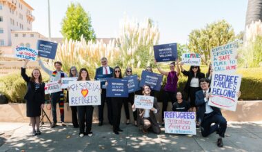 HIAS and our partners IRAP, CWS, and Lutheran Community Services Northwest (LCSNW) hold a press conference following the Ninth Circuit Court of Appeals oral arguments in the Pacito v. Trump class action lawsuit challenging the refugee ban in Pasadena, California on September 4, 2025. (Brenda Bravo for IRAP, HIAS, CWS, and LCSNW)