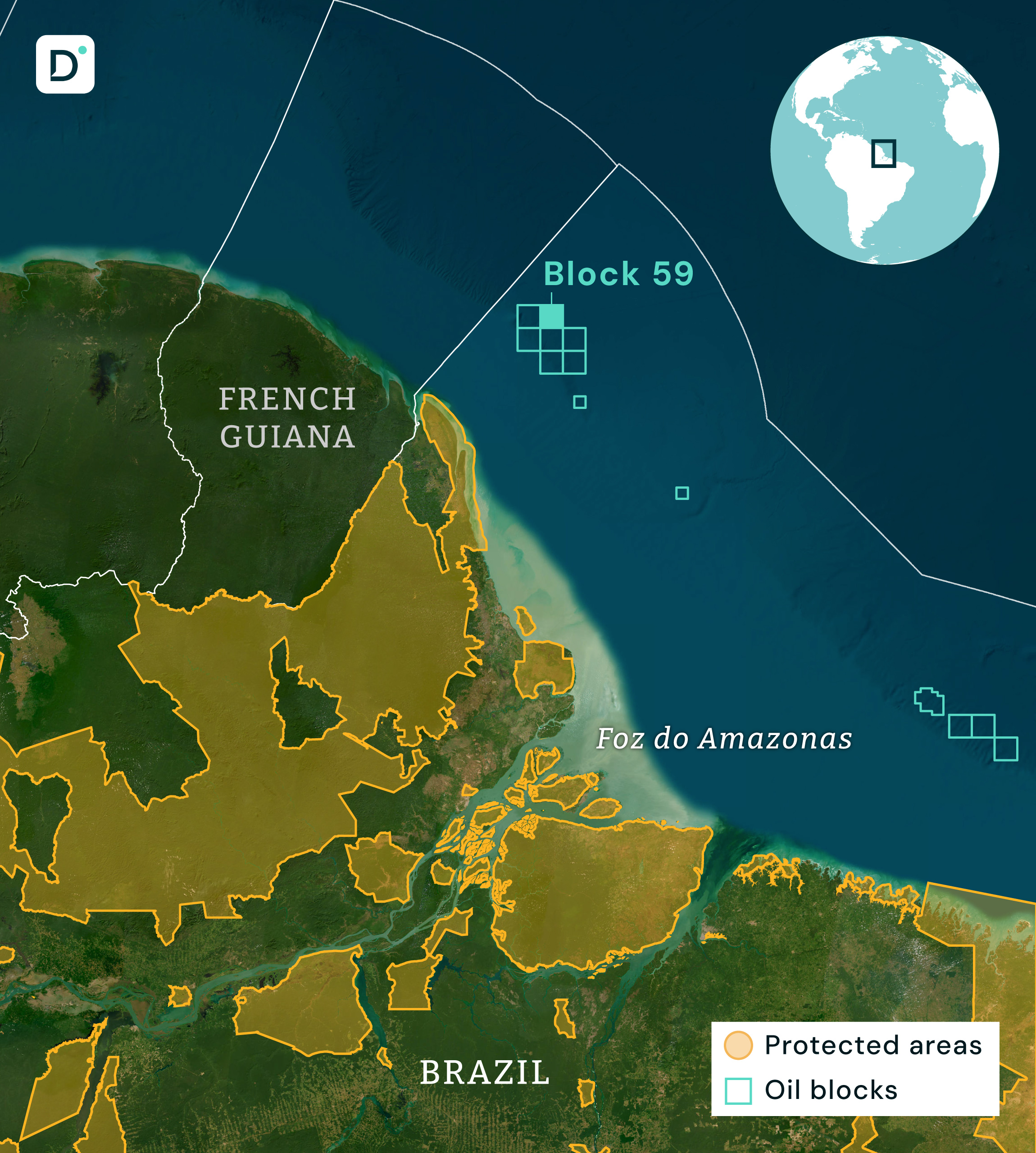 Map showing French Guiana and Brazil's coastline, highlighting oil blocks and protected areas with distinctive colors