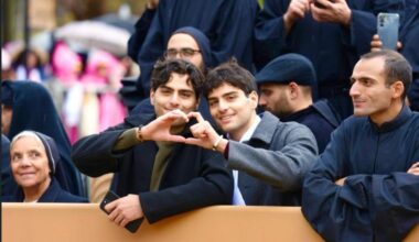 Lebanese twins (left to right) Charbel and Giovanni Lteif, founders of the social-media ministry Eastern Christians, join monks of the Lebanese Maronite Order to await Pope Leo XIV’s historic arrival at the tomb of St. Charbel in Annaya on Dec. 1, 2025.
