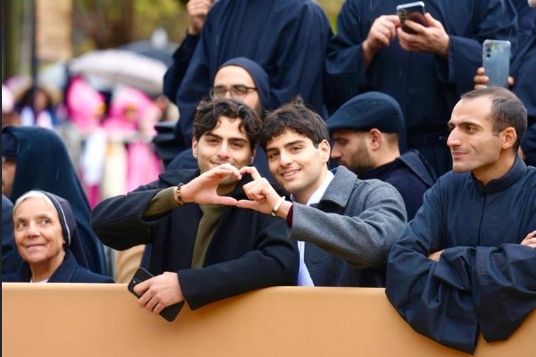 Lebanese twins (left to right) Charbel and Giovanni Lteif, founders of the social-media ministry Eastern Christians, join monks of the Lebanese Maronite Order to await Pope Leo XIV’s historic arrival at the tomb of St. Charbel in Annaya on Dec. 1, 2025.