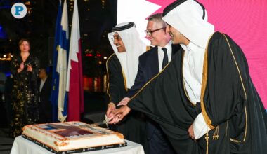 Minister of Labour H E Dr. Ali bin Smaikh Al Marri; Minister of Transport H E Sheikh Mohammed bin Abdullah bin Mohammed Al-Thani; and Ambassador of Finland to Qatar H E Juha Mustonen cut a cake to mark the occasion at an event in Doha yesterday. Pic: Mohamed Al Attar/ The Peninsula