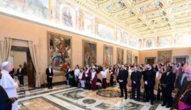 Pope Leo XIV meets with a group of pilgrims from St. Thomas of Villanova Parish in Alcalá de Henares, Spain, on Dec. 29, 2025, in the Apostolic Palace at the Vatican.