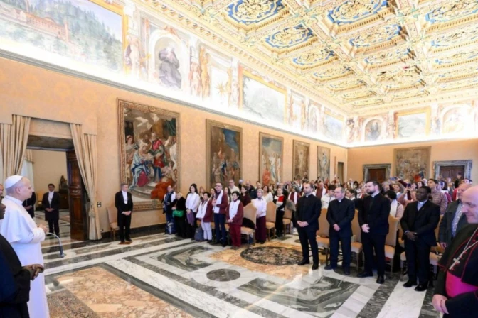 Pope Leo XIV meets with a group of pilgrims from St. Thomas of Villanova Parish in Alcalá de Henares, Spain, on Dec. 29, 2025, in the Apostolic Palace at the Vatican.