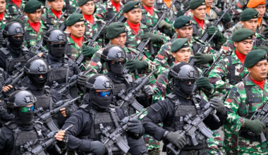 Army personnel march on Oct. 5, 2025, during an event marking the 80th anniversary of the Indonesian Military (TNI) in Banda Aceh, Aceh.