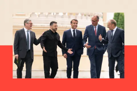 WPA Pool/Getty Images (left to right) British Prime Minister Sir Keir Starmer, Ukrainian President Volodymyr Zelensky, French President Emmanuel Macron, German Chancellor Friedrich Merz and Poland's Prime Minister Donald Tusk

