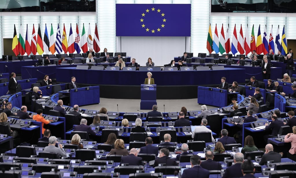 European Commission President Ursula von der Leyen speaks during a debate on the bloc’s position on a proposed peace plan for Ukraine, at the European Parliament in Strasbourg, France, on November 26. Photo: EPA