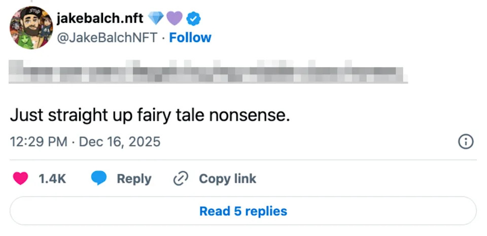 Tweet by JakeBalchNFT claims, "There are zero illegals buying middle class homes. Just straight up fairy tale nonsense." Dated December 16, 2025