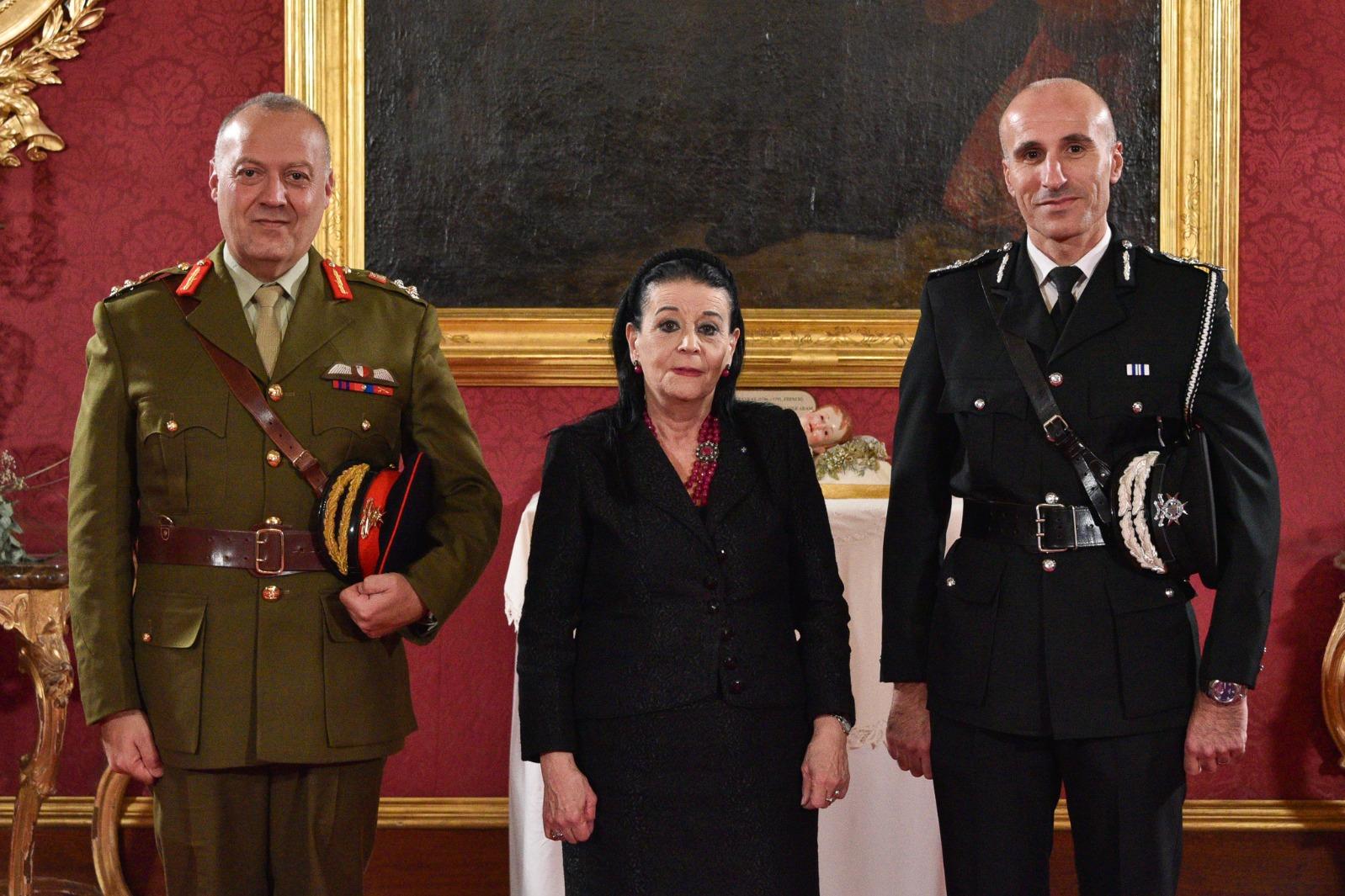 President Myriam Spiteri Debono with Police Commissioner Angelo Gafà and the Commander of the Armed Forces of Malta, Brigadier Clinton J. O’Neill. Photo: DOI