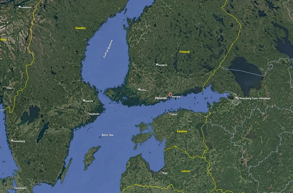 Finnish authorities said that a telecommunications cable running between Finland and Estonia under the Gulf of Finland was damaged by cargo ship.(Google Earth)