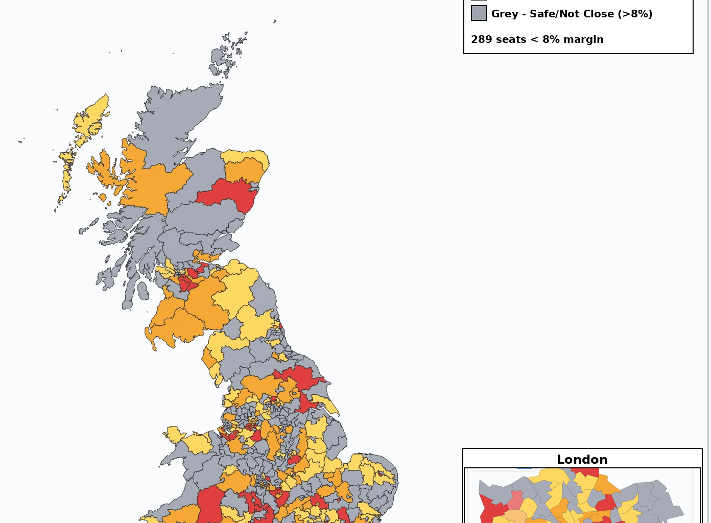 [OC]An electoral map of Great Britain shaded by constituency seat marginality, based on the latest GB voting poll