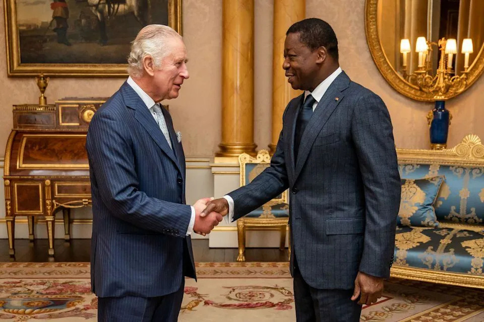 King Charles III shakes hands during an audience with the President of the Togolese Republic Faure Gnassingbé at Buckingham Palace.