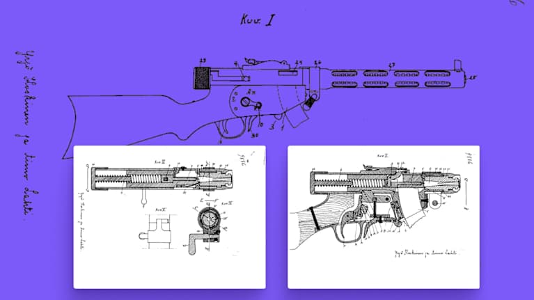 Kuvankaappauksia Suomi konepistoolin patenttihakemuksesta.