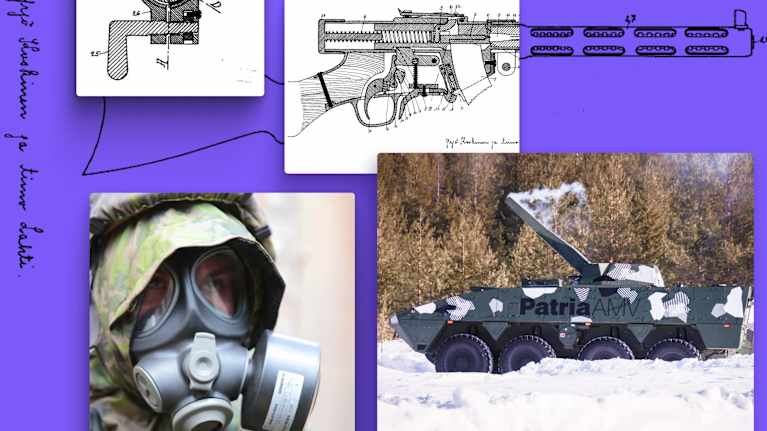 kuvakollaasi jossa kuvia Suomikonepistoolista, suojanaamarista ja Patrian AMV-vaunusta.
