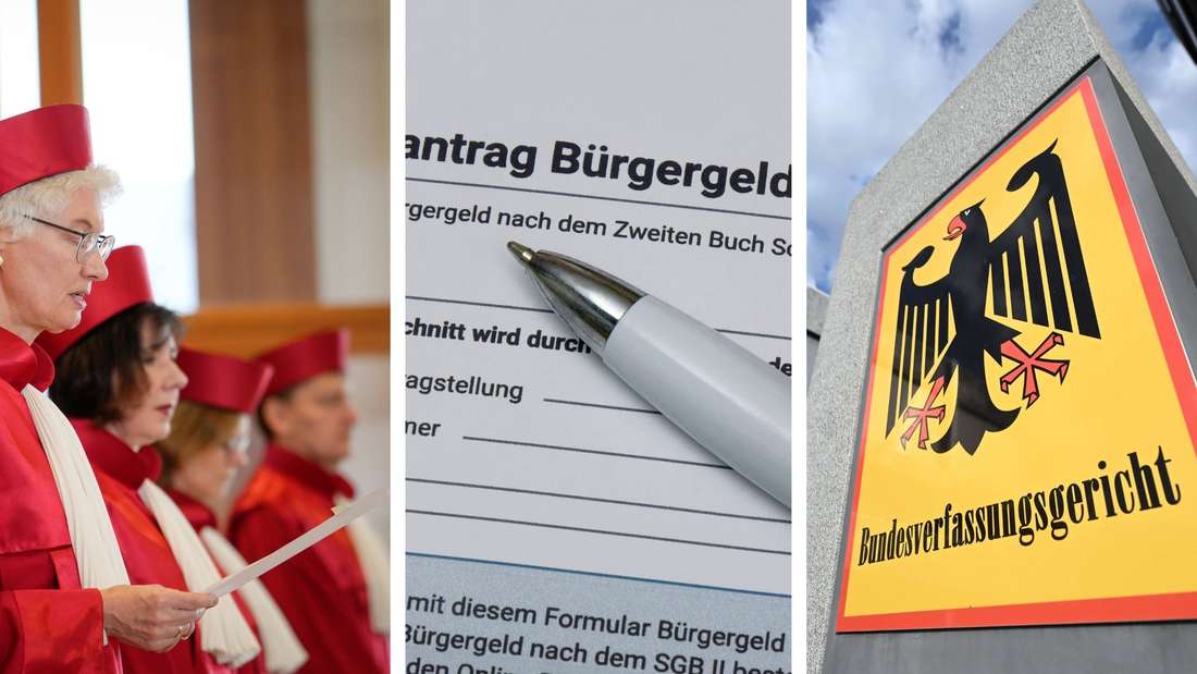 Montage mit drei Bildern: Richter, Bürgergeldantrag und Schild Bundesverfassungsgericht.