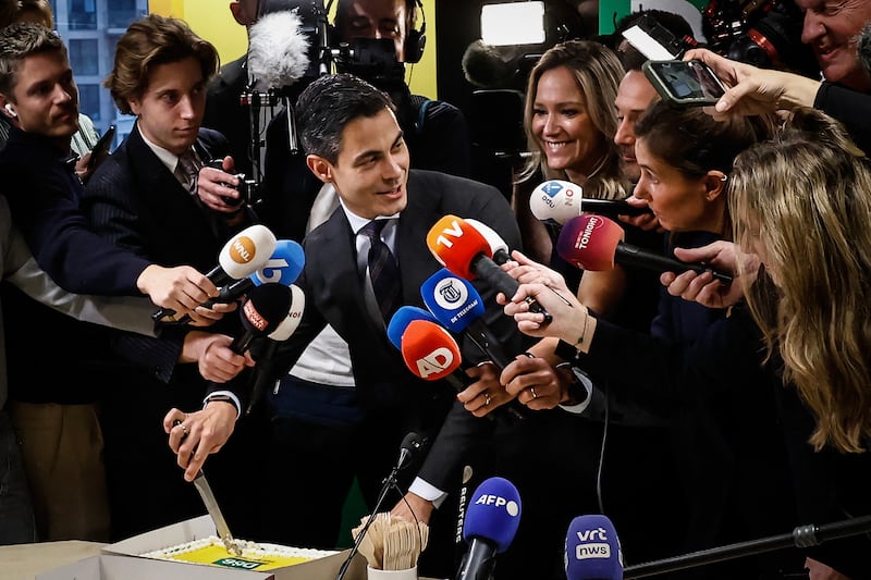 Leader of D66 (Democrats 66) Rob Jetten alongside journalists the day after the Dutch parliamentary election vote in The Hague. Photograph: Simon Wohlfahrt/ AFP via Getty Images       