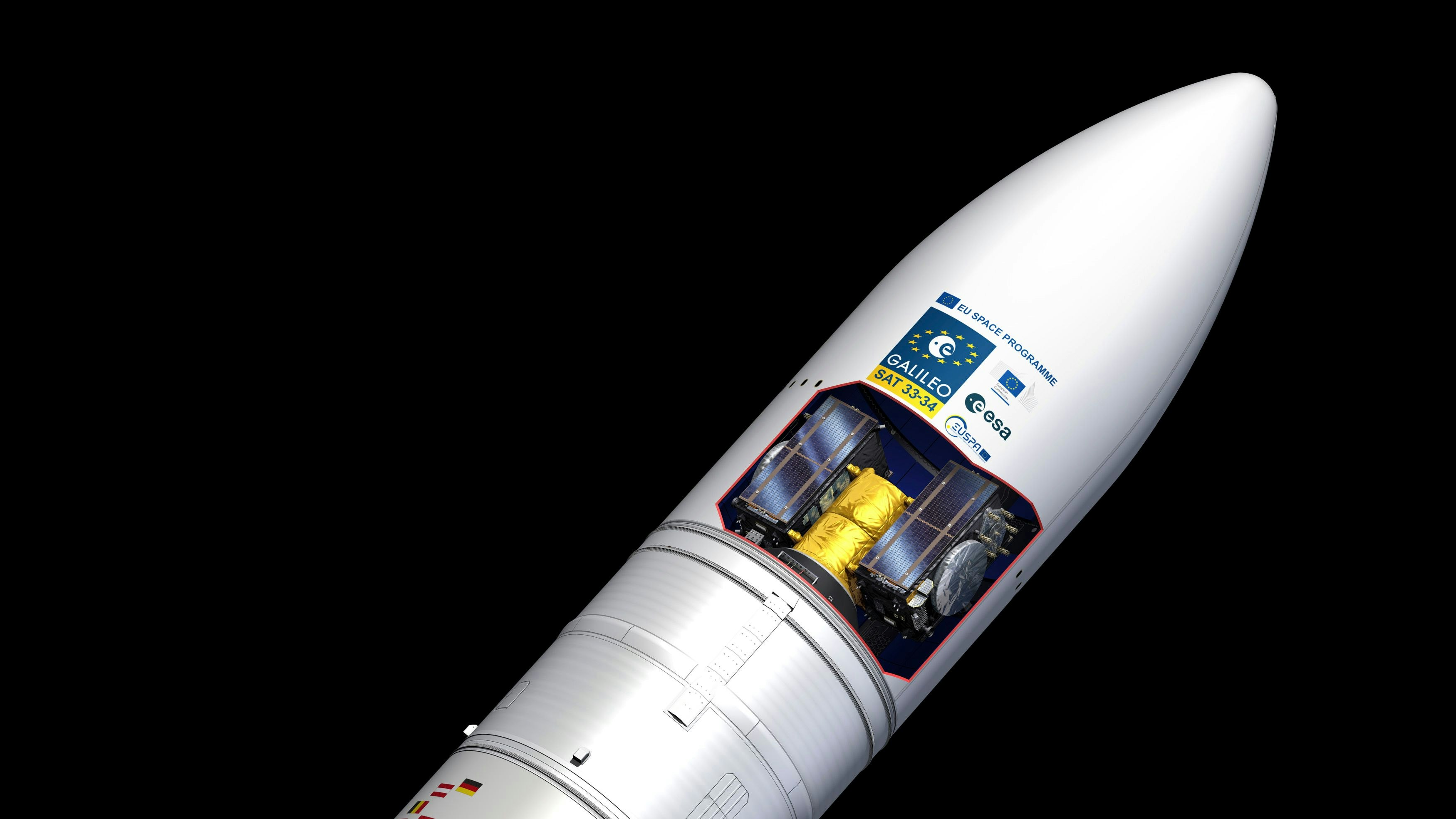 Künstlerische Darstellung der Galileo-Satelliten innerhalb der Ariane 6-Rakete.